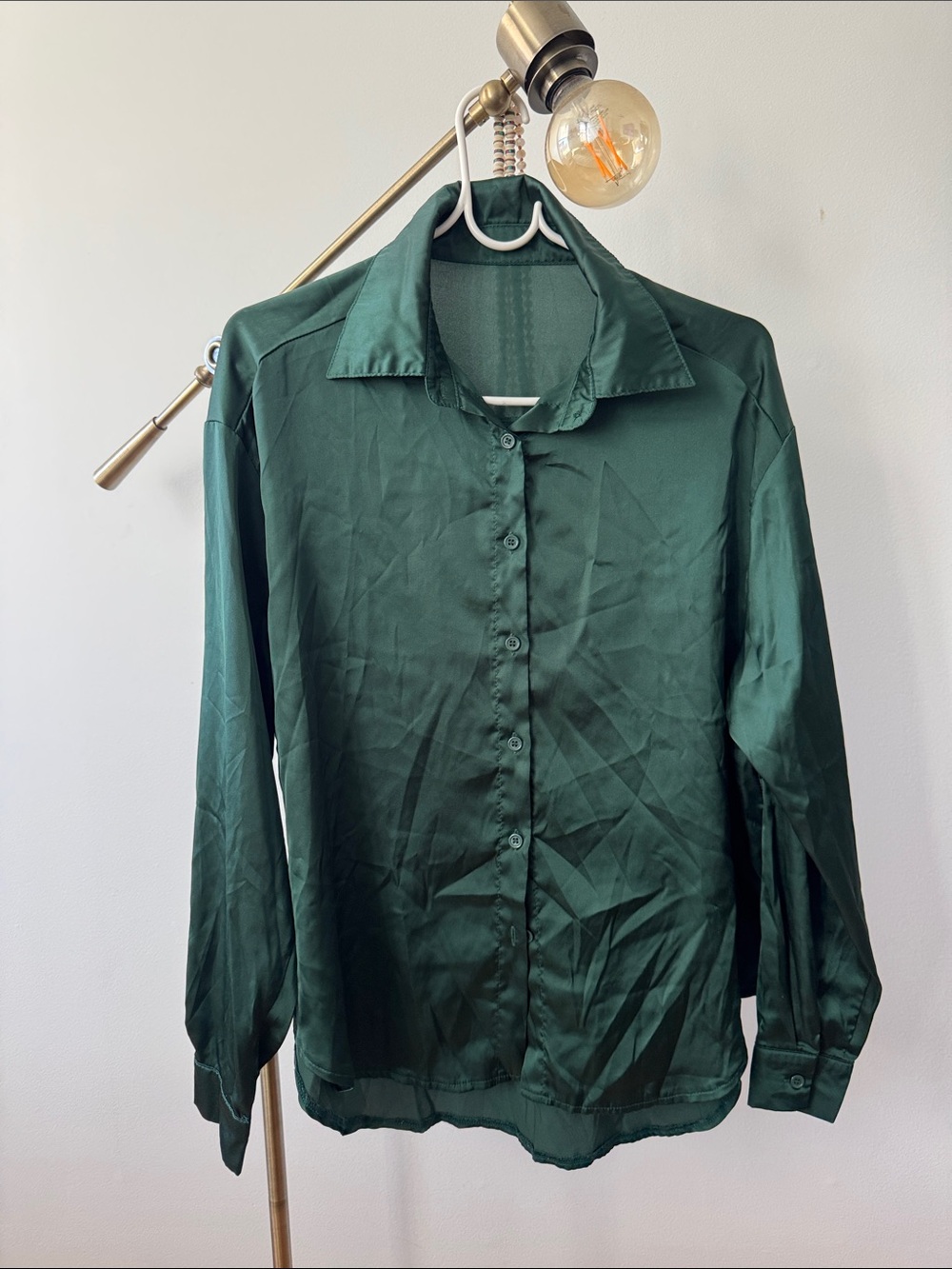 Emerald Green Satin Button-Up Shirt